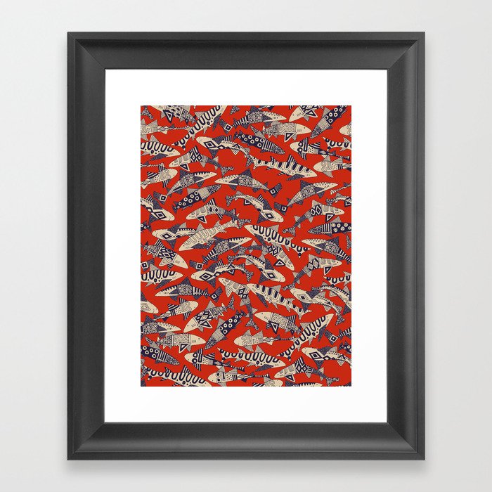shark party red Framed Art Print