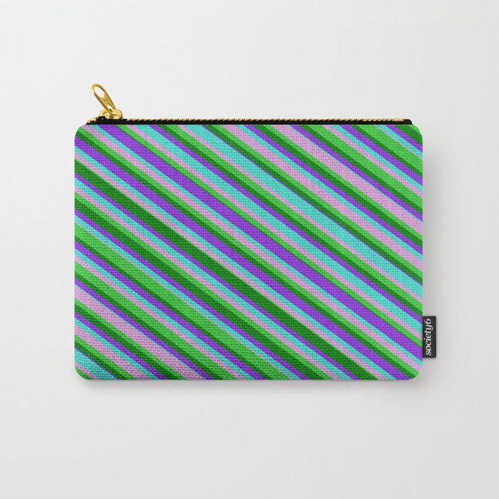 Turquoise, Plum, Lime Green, Green & Purple Colored Lined Pattern Carry-All Pouch