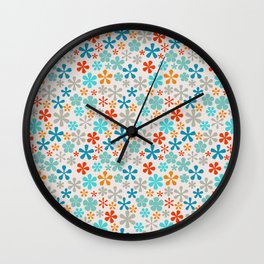 tropical blue and orange eclectic daisy print ditsy florets Wall Clock