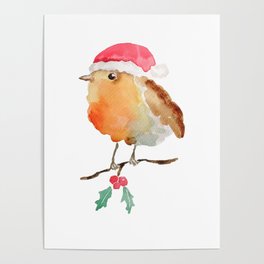 Robin Christmas bird watercolor  Poster