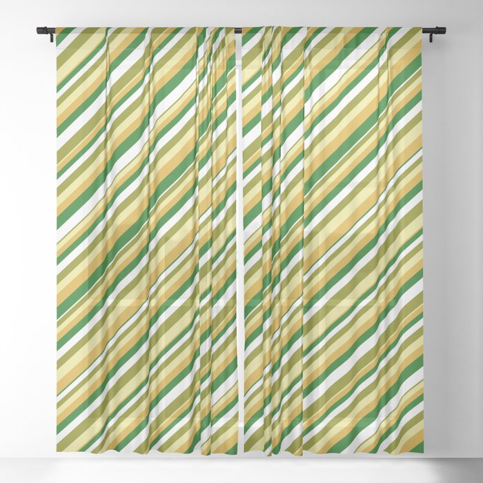 Vibrant Green, Tan, Goldenrod, Dark Green & White Colored Pattern of Stripes Sheer Curtain