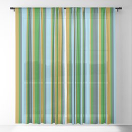 [ Thumbnail: Dark Slate Gray, Sky Blue, Dark Goldenrod, and Green Colored Pattern of Stripes Sheer Curtain ]