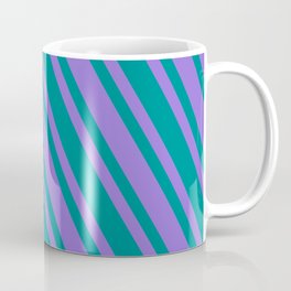 [ Thumbnail: Dark Cyan & Purple Colored Lined/Striped Pattern Coffee Mug ]