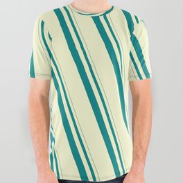 [ Thumbnail: Teal and Light Yellow Colored Striped/Lined Pattern All Over Graphic Tee ]