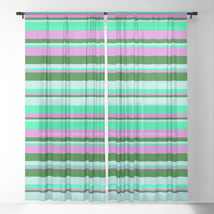 Turquoise, Green, Orchid & Dark Green Colored Striped/Lined Pattern Sheer Curtain