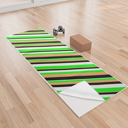 [ Thumbnail: Brown, Black, White & Lime Colored Lined/Striped Pattern Yoga Towel ]