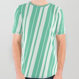 [ Thumbnail: Aquamarine and Mint Cream Colored Stripes Pattern All Over Graphic Tee ]