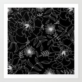 Black Peony Blooms Modern Floral Print in Black and White Art Print