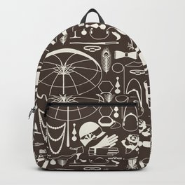 White Old-Fashioned 1920s Vintage Pattern on Dark Brown Backpack
