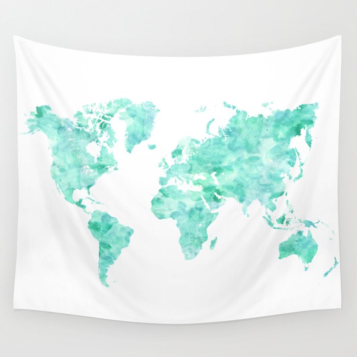 Teal aquamarine watercolor world map Wall Tapestry by blursbyaiShop ...