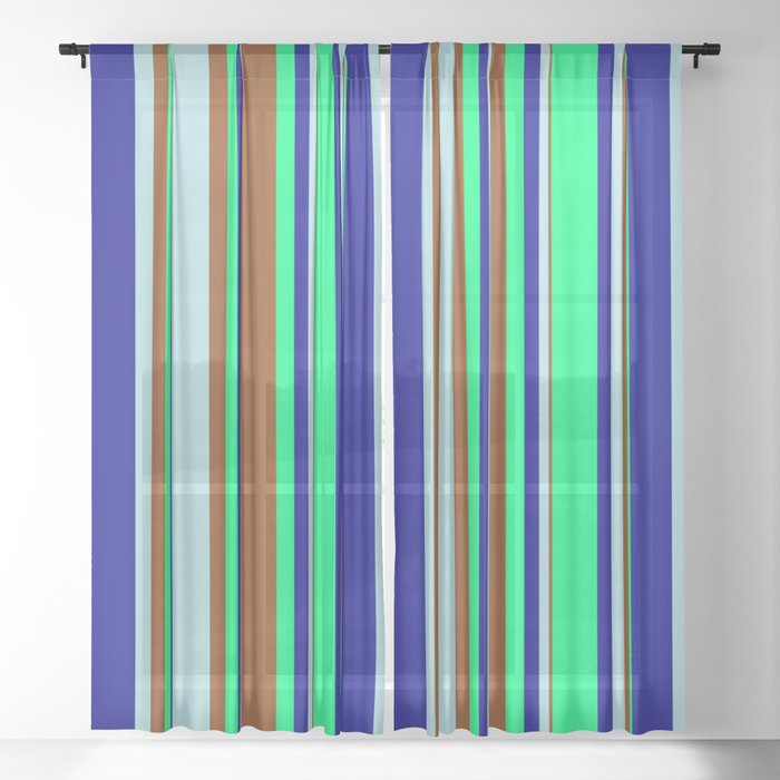 Dark Blue, Green, Brown, and Powder Blue Colored Lines/Stripes Pattern Sheer Curtain