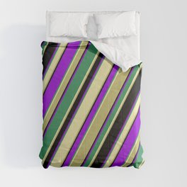 [ Thumbnail: Colorful Sea Green, Pale Goldenrod, Dark Khaki, Black & Dark Violet Colored Lined Pattern Comforter ]