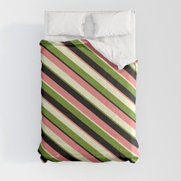 [ Thumbnail: Light Coral, Light Yellow, Green, and Black Colored Stripes Pattern Comforter ]