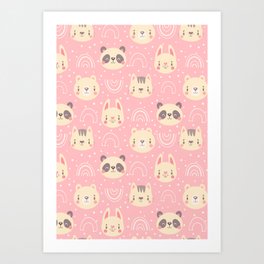 Pink Animals  Art Print | Seamless, Cow, Bunny, Face, Monkey, Fox, Digital, Lion, Pattern, Animal 