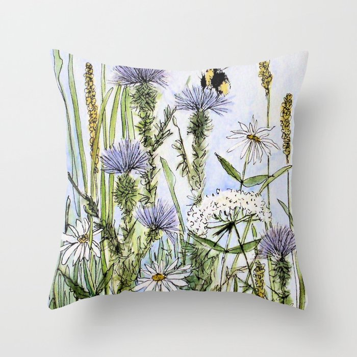 Thistles Daisies and Wildflowers Watercolor Throw Pillow