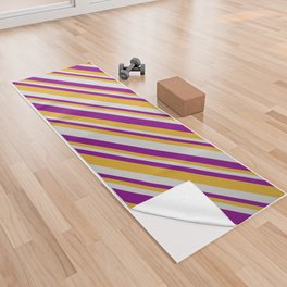 [ Thumbnail: Light Gray, Purple & Goldenrod Colored Lines Pattern Yoga Towel ]