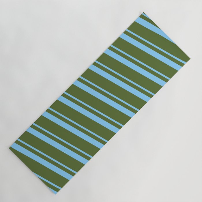 Light Sky Blue and Dark Olive Green Colored Lined/Striped Pattern Yoga Mat