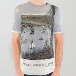 Grand birds eye view of the Great East River Suspension Bridge-2 map-pictorial illustration-drawing All Over Graphic Tee