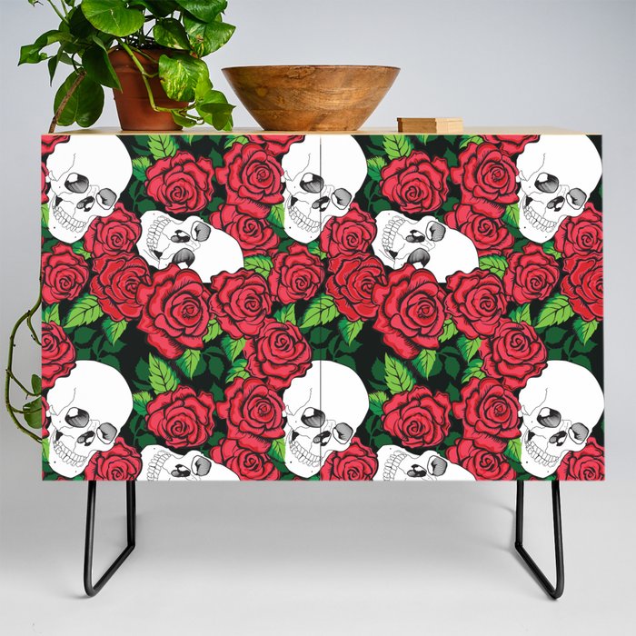 Skull and Red Roses Credenza