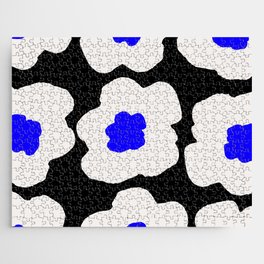 Large Pop-Art Retro Flowers in White and Cobalt Blue on Black Background  Jigsaw Puzzle
