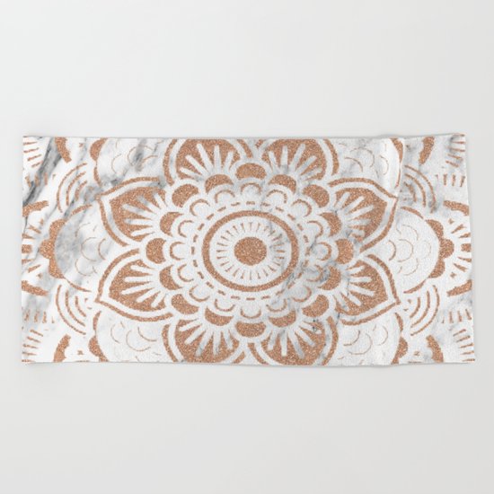 Rose gold marble mandala Beach Towel
