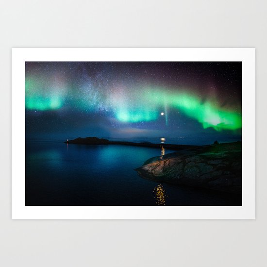 Aurora Borealis Over Coastal Waters Art Print