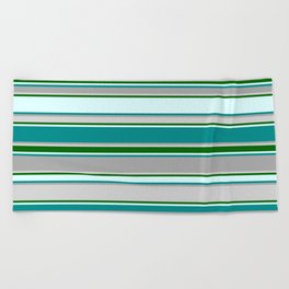 [ Thumbnail: Vibrant Light Cyan, Dark Cyan, Dark Grey, Light Grey, and Dark Green Colored Stripes Pattern Beach Towel ]