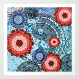 Yin & Yang Mandala Flower Design red blue Art Print