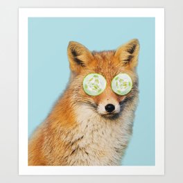 Relaxing red fox with fruits mask in blue Art Print