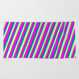 [ Thumbnail: Pale Goldenrod, Fuchsia, and Teal Colored Striped Pattern Beach Towel ]