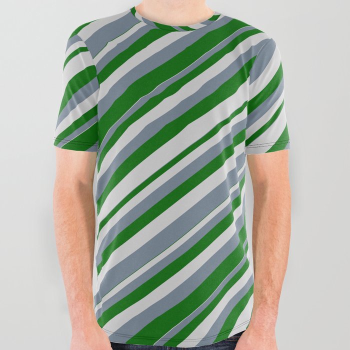 Slate Gray, Dark Green & Light Gray Colored Striped/Lined Pattern All Over Graphic Tee