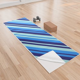[ Thumbnail: Blue, Midnight Blue, and Turquoise Colored Lined/Striped Pattern Yoga Towel ]
