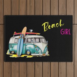 Beach Girl - Retro Van, Surfboard, and Seagull Outdoor Rug