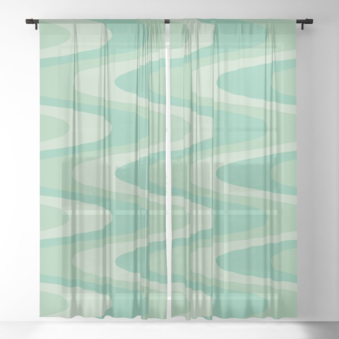 Retro Mid century Modern Waves pattern - Green Sheer Curtain