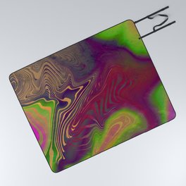Multicolored neon psychedelic abstract digital art with distorted lines and metallic texture.  Picnic Blanket