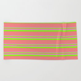 [ Thumbnail: Violet, Chartreuse, and Light Coral Colored Lined/Striped Pattern Beach Towel ]