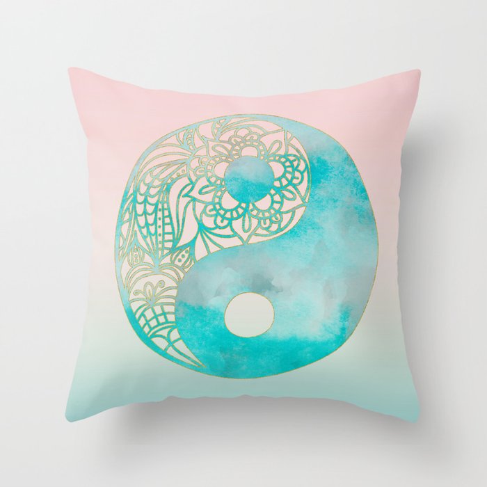 Yin Yang Watercolor Esoteric Symbol teal and soft pink #yinyang Throw Pillow