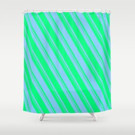 [ Thumbnail: Light Sky Blue and Green Colored Pattern of Stripes Shower Curtain ]