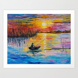 Fishing on sunset Art Print