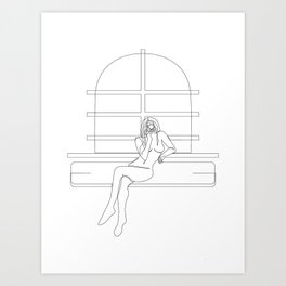 "Nudes by the Window" - Single Line Drawing of Nude Woman with Camera Art Print