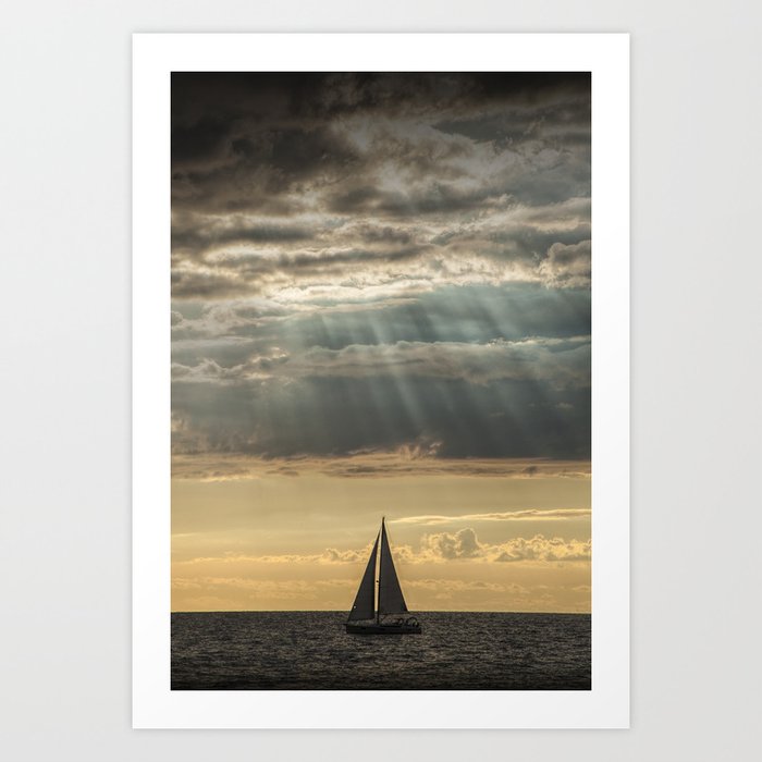 Sailboat Sailing in Lake Michigan beneath Sunbeams Art Print