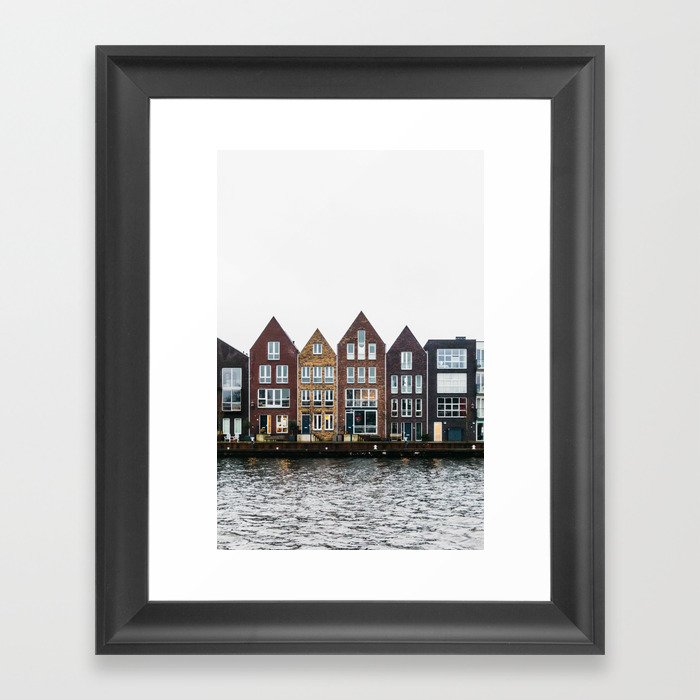 Iconic canal houses near Spaarne river in Haarlem in winter | Haarlem historical city, the Netherlands | Urban travel photography Art Print Framed Art Print