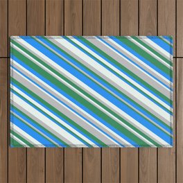 [ Thumbnail: Blue, Mint Cream, Grey, and Sea Green Colored Pattern of Stripes Outdoor Rug ]