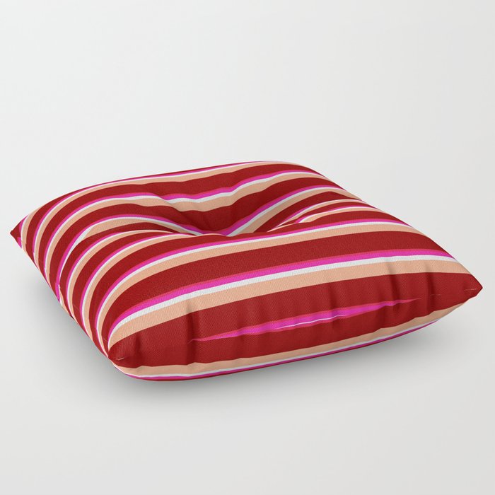 Crimson, Deep Pink, White, Light Salmon, and Dark Red Colored Lines Pattern Floor Pillow