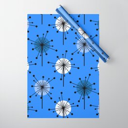 Atomic Era Sputnik Starburst Flowers Blue Wrapping Paper