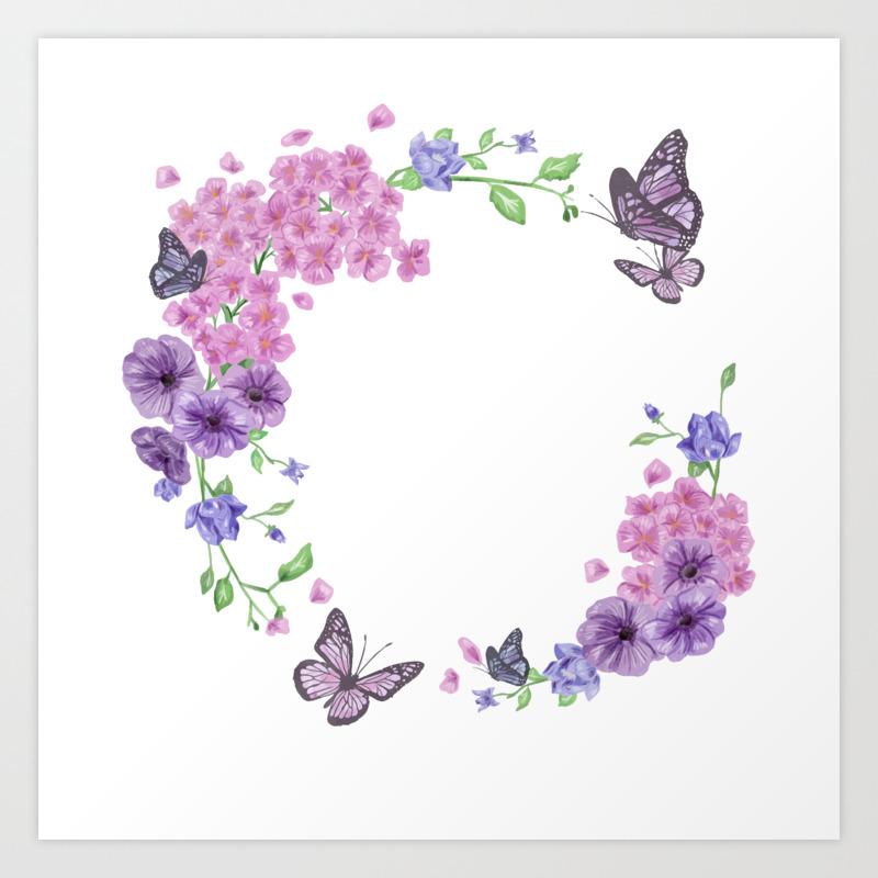 Download Butterfly And Flowers Violet Circle Art Print By Created Prototype Society6