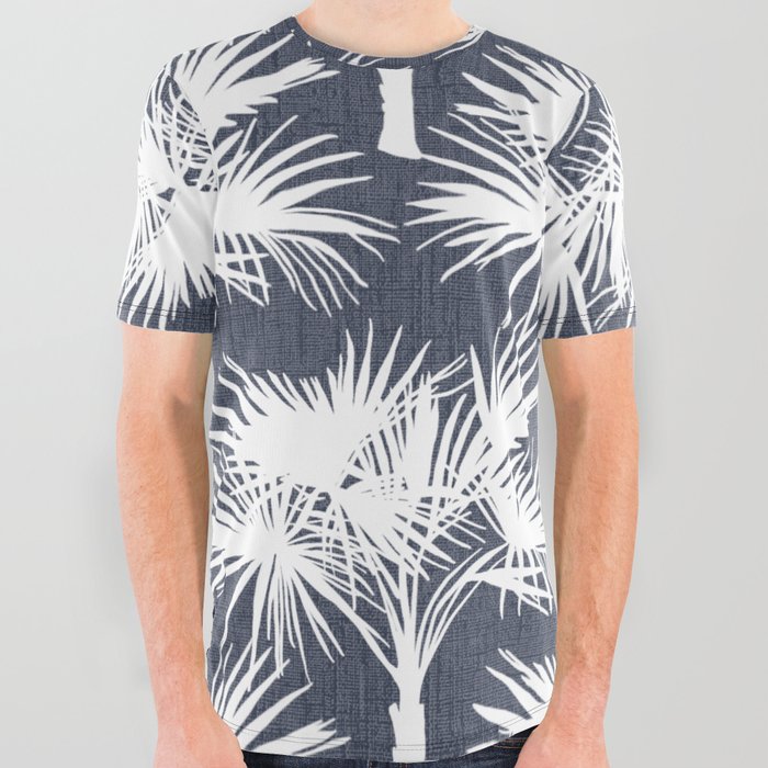 70’s Tropical Palm Trees White on Navy All Over Graphic Tee