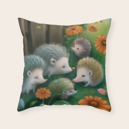 Whimsical Hedgehog Family Reunion in Country Garden Throw Pillow