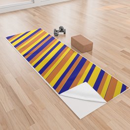 [ Thumbnail: Dark Blue, Yellow, and Chocolate Colored Striped/Lined Pattern Yoga Towel ]