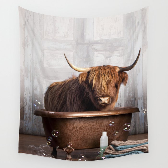 Highland Cow in the Tub Wall Tapestry
